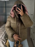 Femmes décontracté à capuche col montant coton manteau Chic à manches longues col en v fermeture éclair ample doudoune 2026 dame hiver rue vêtements d'extérieur 1