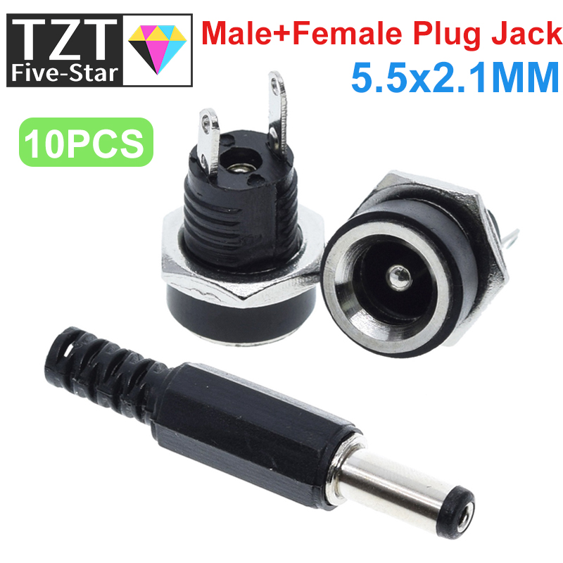 10PCS 5Pair DC Power Connector pin 2.1x5.5mm Female Plug Jack + Male Plug Jack Socket Adapter DC-022B