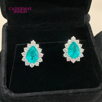 Luxury 925 Silver 8x11mm Pear Shape Synthetic Paraiba YAG Mixed Moissanite Halo Stud Earrings For Women Party Anniversary Gift 1