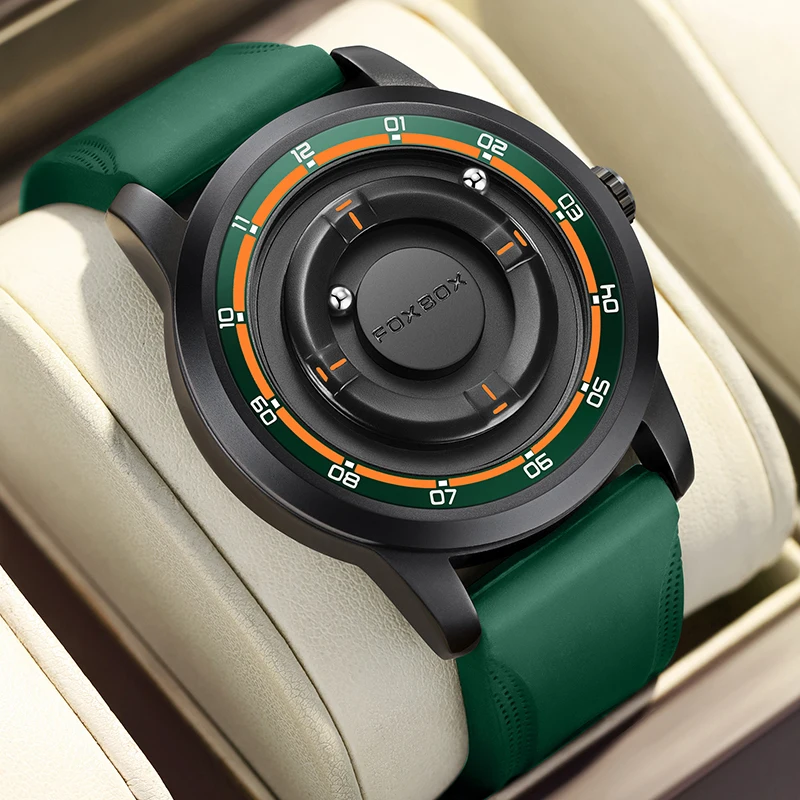 New Original FOXBOX Creative Scrolling Pointer Magnetic Force Quartz Wristwatch For Men Fashion Silicone Waterproof Men's Watch