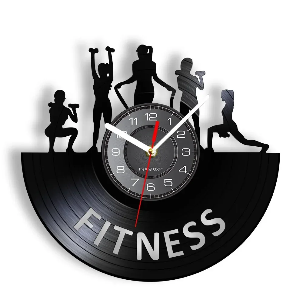 

Fitness Centre GYM Vinyl Record Clock Women Fitness Club Logo Wall Clock Retro Art Decor for Sports Room Bodybuilding Studio