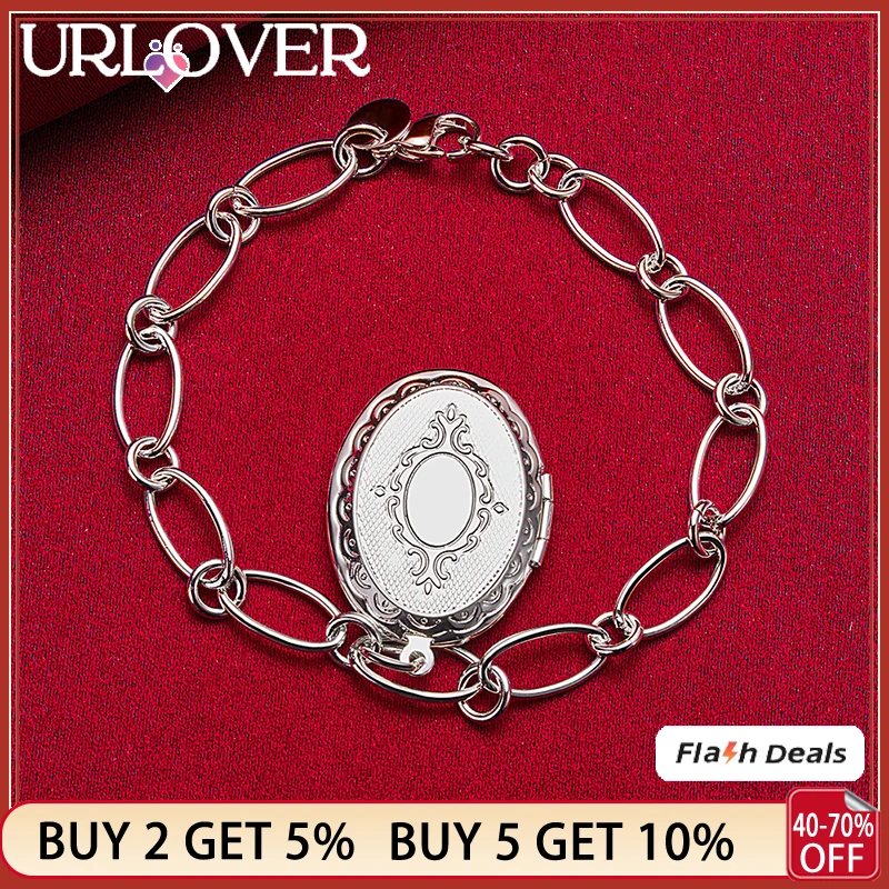 

URLOVER 925 Sterling Silver Photo Frame Pendant Bracelets Charm Jewelry For Women Bangle Christmas Birthday Party Gifts Chain