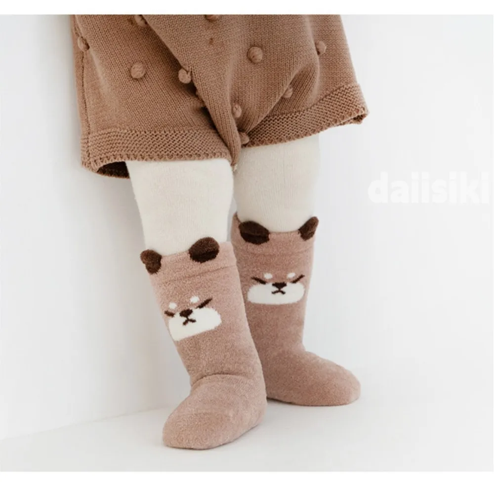 3 Pairs Baby Socks Autumn Winter Coral Fleece Thick Warm Cartoon High Tube Socks Newborn Non-Slip Floor Terry Socks