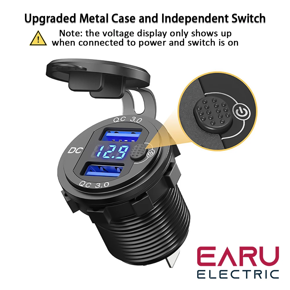 EARU Quick Charger Aluminum QC3.0 Dual USB Car Charger with Switch Button LED Voltage Display for 12V/24V Cars Boats Motorcycle - Image 2