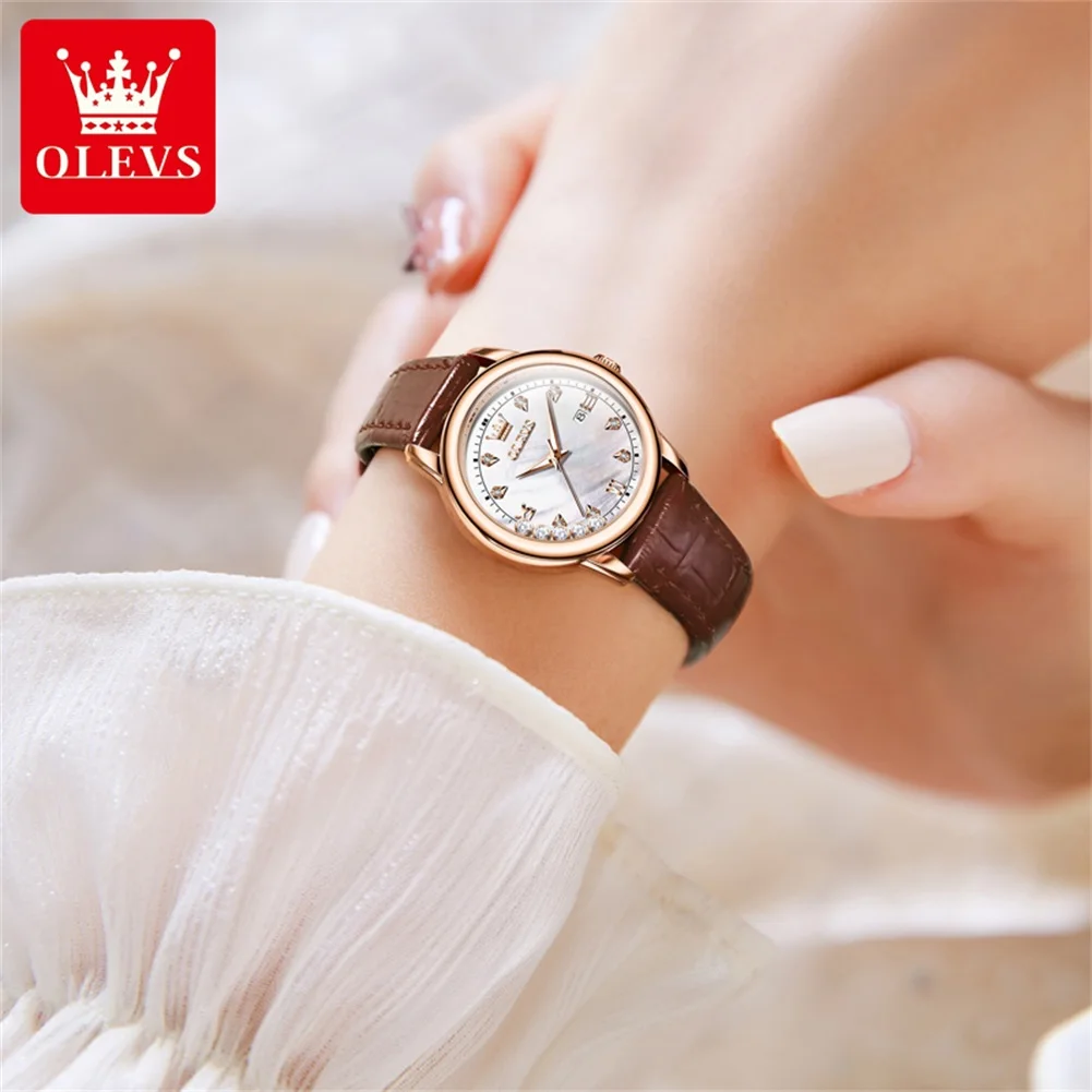 OLEVS-Relógio de pulso feminino quartzo luminoso impermeável, relógio bracelete de luxo, caixa de presente, pulseira de couro, novo