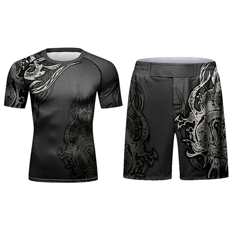 Men Fitness MMA Compression Fight Training T-shirt + Pants Set Sports Boxing Wrestling Jiu Jitsu Rashguard Tight Shorts,Sports Apparel,Mens T Shirt