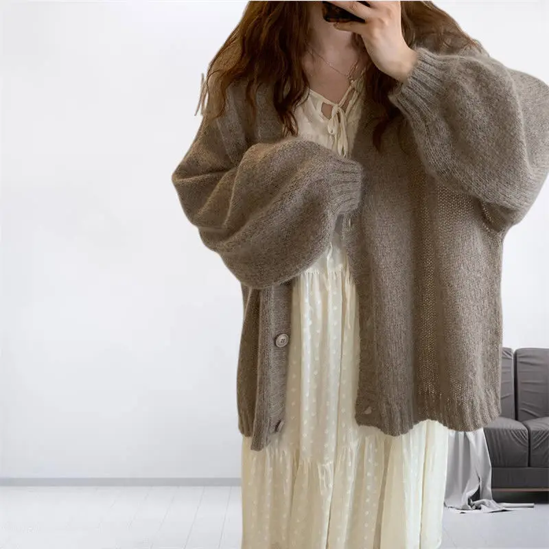 

Женский трикотажный кардиган с V-образным вырезом, длинным рукавом