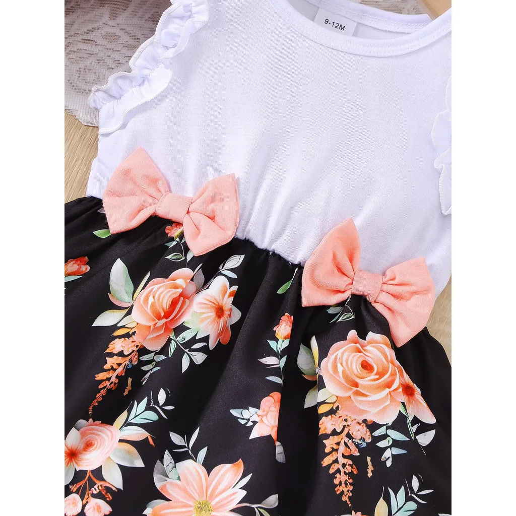 Girls Dress Baby Girl Dress Baby Girl Summer Clothes Floral Print Sleeveless Dresses Pastoral Style Wedding Party Dress with Bow for Toddler Girl 0-3 Years