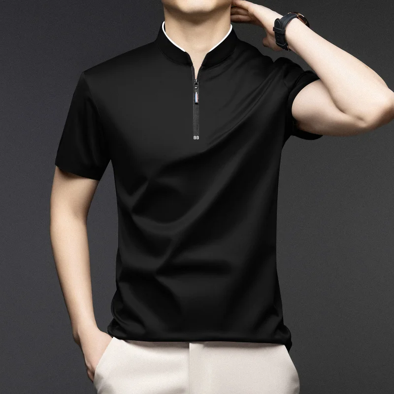 Lässiges, modisches Herren-Poloshirt mit Reißverschluss, einfarbig, kurzärmelig, Stehkragen, vielseitiges, bequemes Oberteil – Detail 14