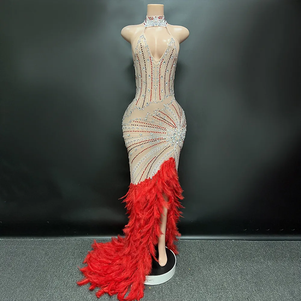 

Женское длинное платье с открытой спиной, платье знаменитости со стразами и перьями, элегантный костюм для выступления на сцене, 2023