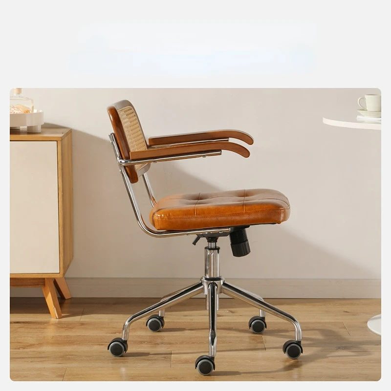 Retro rotating chair Rattan computer office chair Japanese comfortable storage study desk seat breathable armrest rattan office chair