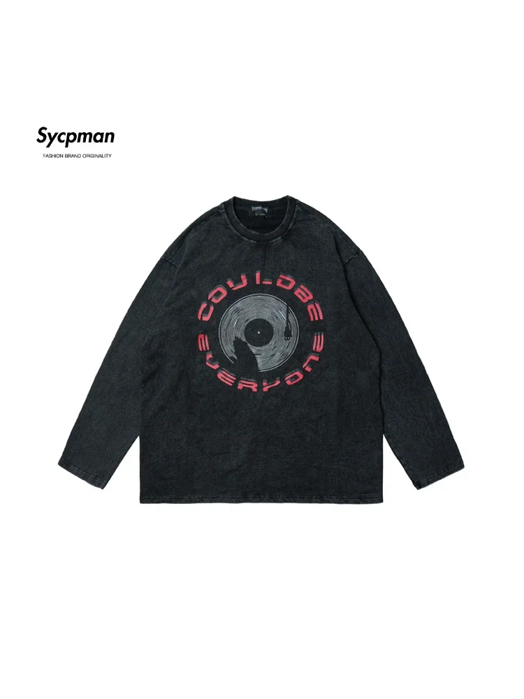 

Sycpman American Style Trend Printed Long Sleeved O-Neck T Shirt for Men and Women Autumn Loose Oversized Casual Tees