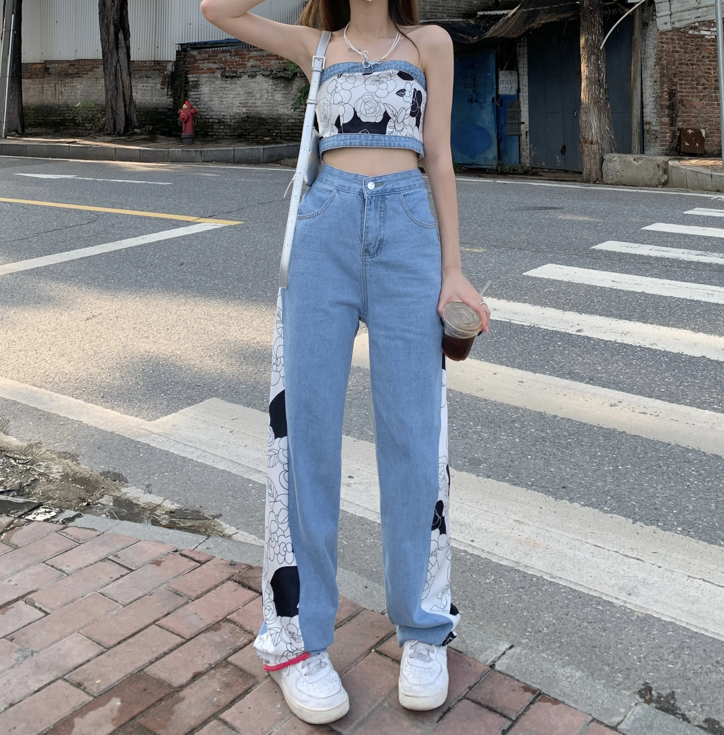 

y2k women's pants traf splicing high waist slim straight leg wide leg flare short top two piece set