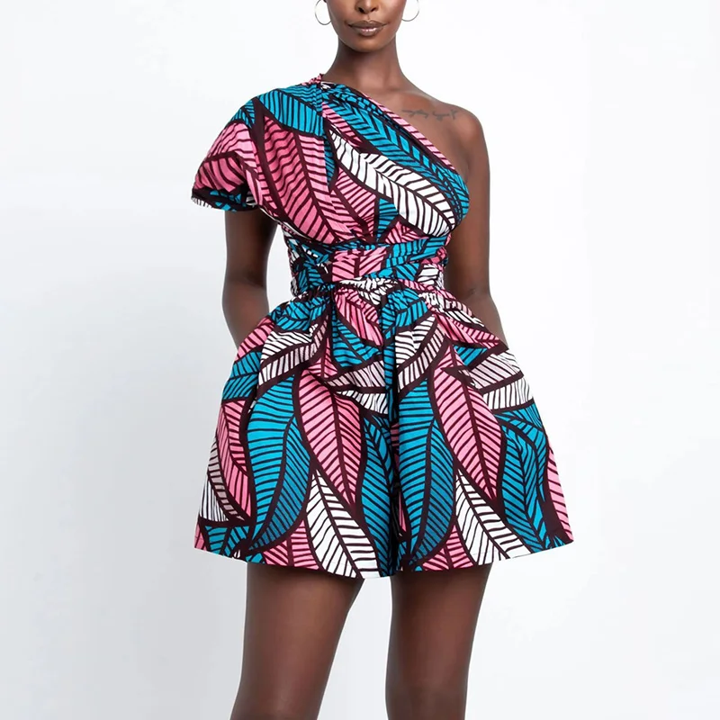 Lady Elegant Short Rompers Fashion DIY Multi Wear Jumpsuit Women Summer African Style Sleeveless Casual Loose Printing Jumpsuits