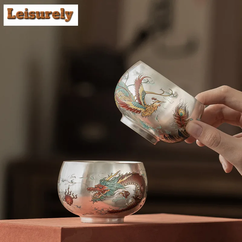 Gilt Silver Dragon And Phoenix Auspicious Teacup Elegant Tea Bowl Jug Tea-tasting Meditation Cup Jianzhan Master Cups Set Gift