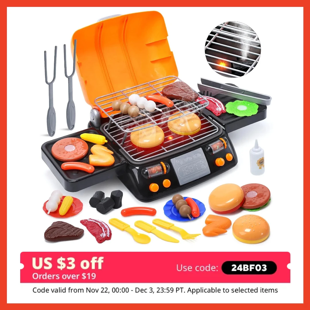 2-Layer BBQ Toy Set Kids Grill with Food Smoke Sound & Light Camping BBQ Gift