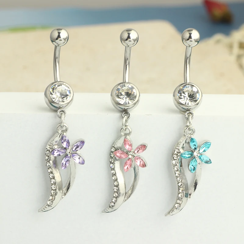 3 color mix Belly Button Rings Stainless Steel Butterfly Wing Flower Zircon Dangle for Women Belly Navel Rings Body Belly