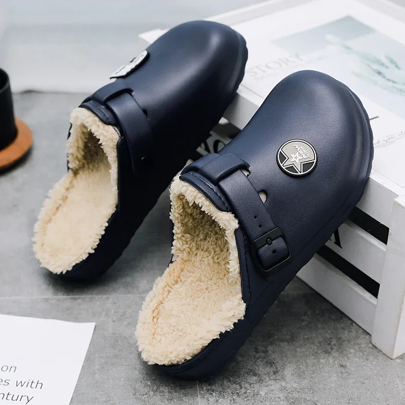 Men Slippers Winter Loafer Waterproof EVA Clogs Warm Fluffy Cotton Indoor Shoe House Slipper Square Men Keep Warm Garden Shoes