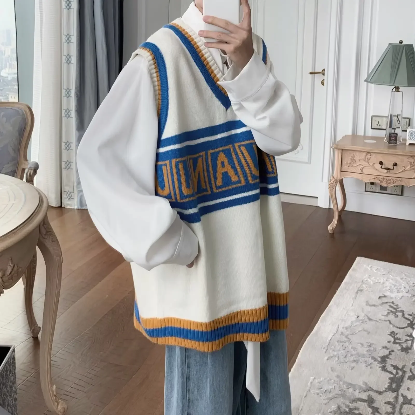 Spring Autumn Fashion V-neck Color Block Backless Sweater Loose Letter Knitted Shirt Cover Head Marque Men Teenagers