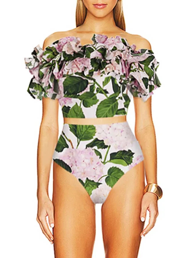 

Комплект бикини с открытыми плечами и цветочным принтом, новинка 2023, купальник, летний женский цельный купальник и юбка, купальный костюм, сексуальная пляжная одежда