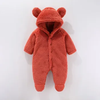 Newborn Baby Rompers Autumn Winter Warm Fleece Baby Boys Girls Costume Baby Clothing Solid Plush Overalls Hooded Jumpsuits 0-12M 4