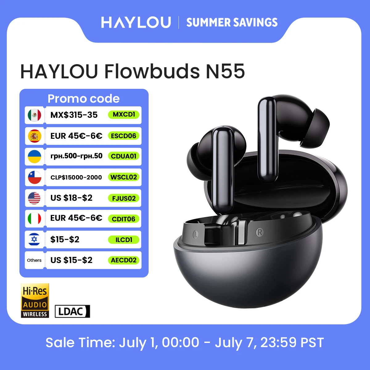 HAYLOU Flowbuds N55 Wireless Earbuds 54dB Adaptive ANC Bluetooth 6.0 LDAC Hi-Res Audio 6-Mic HD Call Earphones 40H Playback IPX5