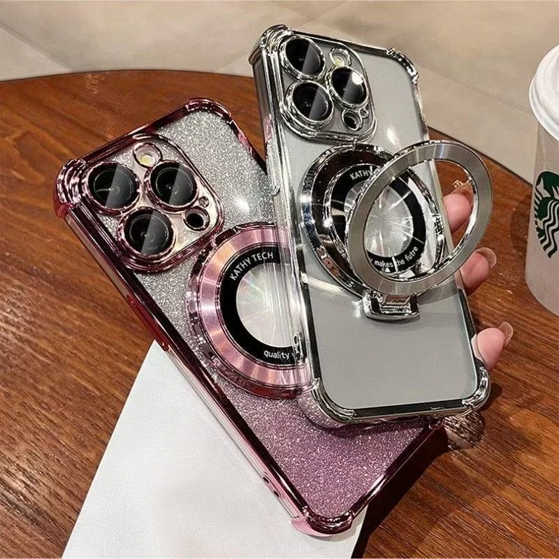 Glitter Magnetic Bracket Phone Case with Magsafe Holder and Bumper