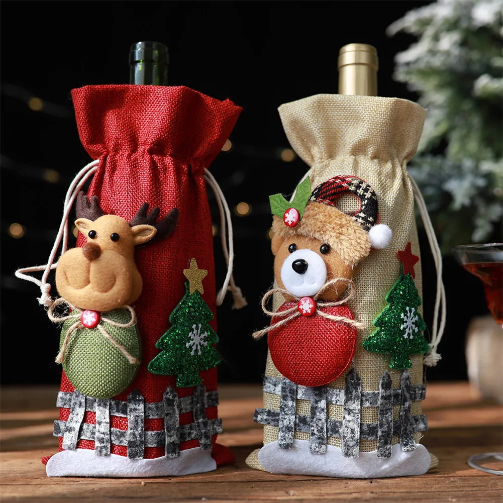 

Merry Christmas Decoration For Home Christmas Wine Bottle Cover Cartoon Santa Elk Bear Snowman Drawstring Bag For Wine Bottle