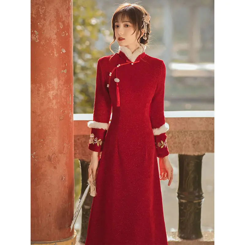 

Chinese New Year Winter Improved Cheongsam 2023 New Thickened Red Dress High Quality Qipao Chinese Dress Qipao