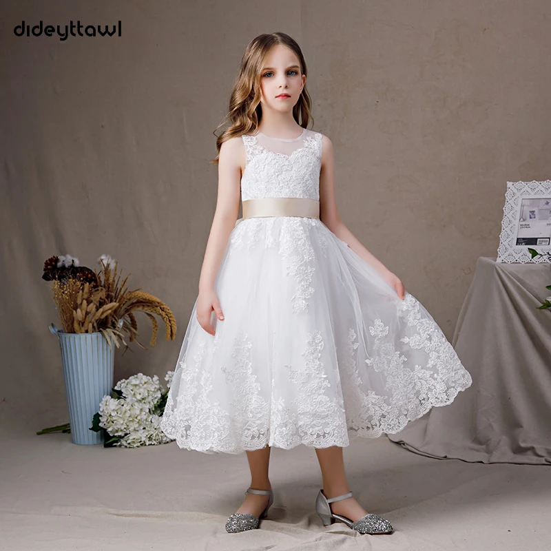 Dideyttawl Tulle Flower Girl Dress 2022 Sleeveless Big Bow Tea-Length First Communion Lace Appliques Junior Bridesmaid Gown
