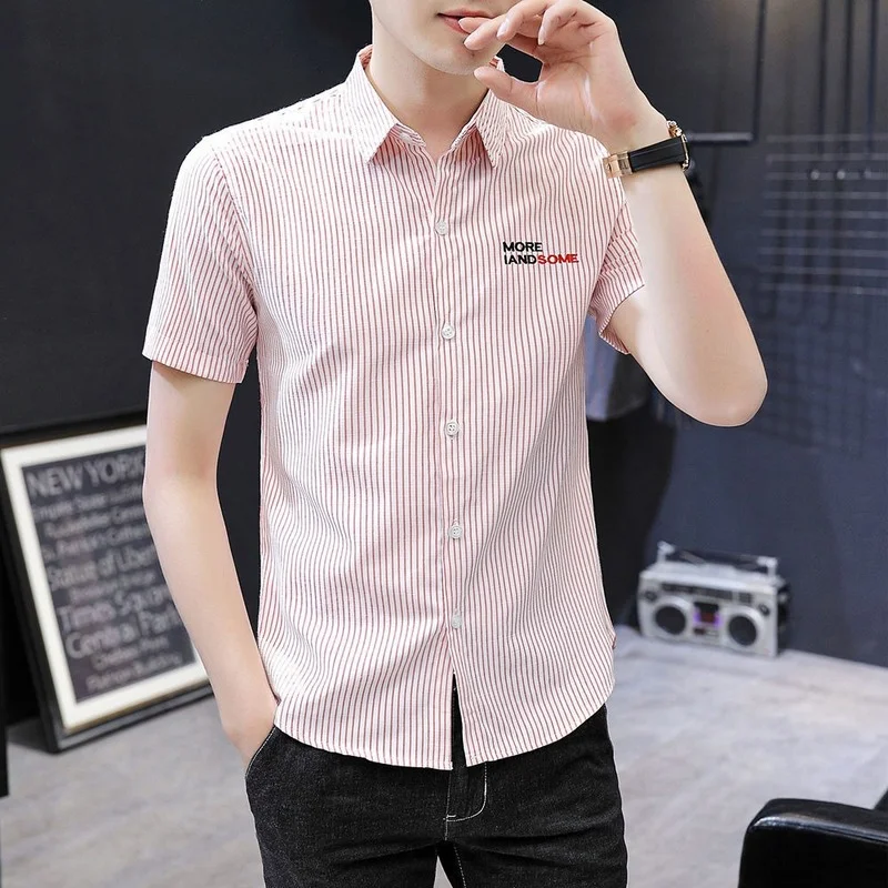 

Summer New Cotton Striped Printed Shirt Men's Short-sleeved s Korean Fashion Regular Fit Business Casual Trend E93