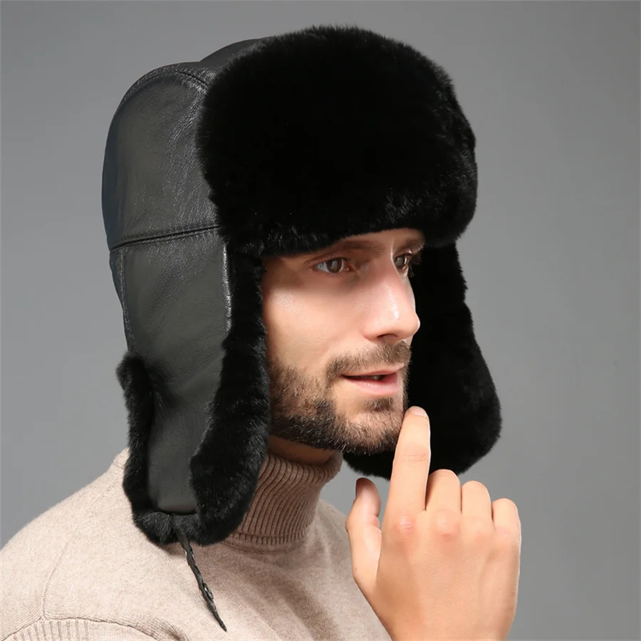 Bomber Hat Men Women Thick Warm Russian Ushanka Rex Rabbit Fur Hat Fashion Male Female Winter Sheepskin Earflap Ski Russian Cap