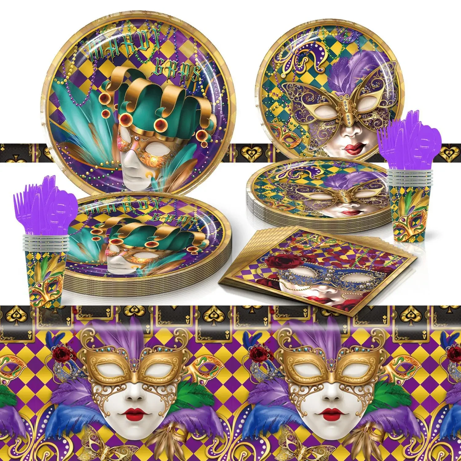 

24 Person Suit MARDI GRAS Carnival Birthday Party Decorative Disposable Tableware Balloon Background Baby Shower Kid Gift