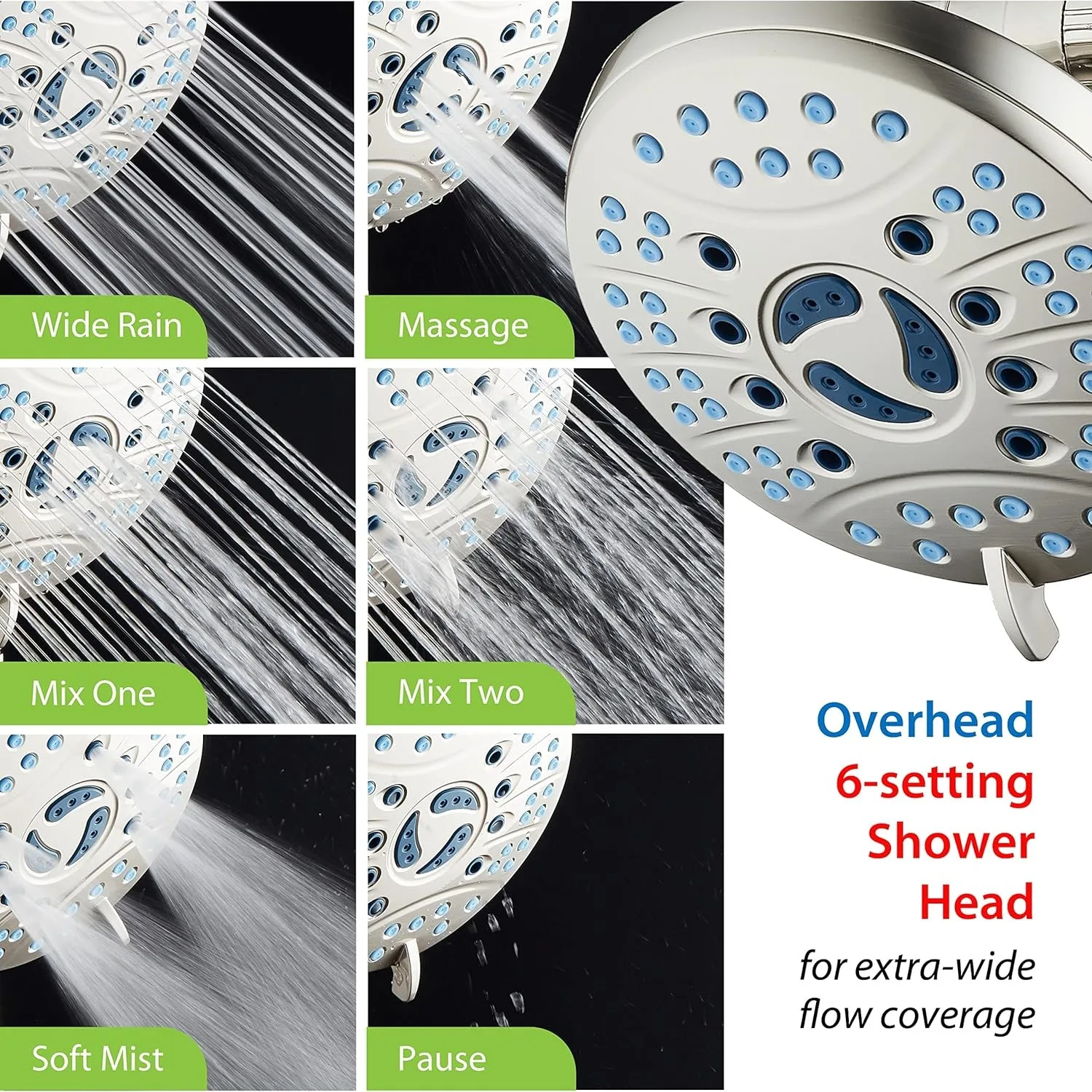 High Pressure 48-setting Rain & Handheld 3-way Shower Head Combo - Anti-clog Nozzles/Tub, Tile & Pet Power Wash/Extra Long 6 ft. 6