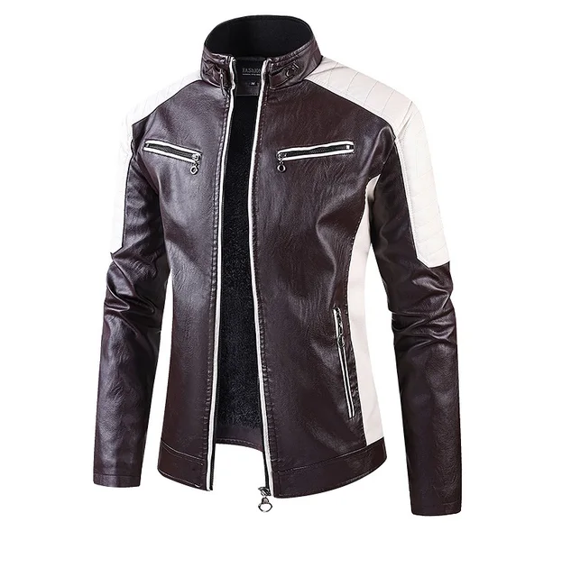Autumn and Winter Leisure Motorcycle Stitching Pu Leather Jacket Men's Fashion Stand-up Collar Retro Warm PU Leather Jacket Brown plus velvet