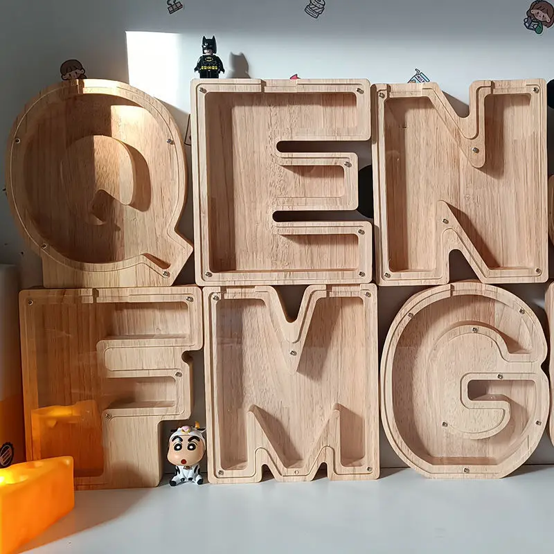 English Alphabet Piggy Bank for Children High-value Wooden Piggy Bank Cartoon Gifts Home Decoration