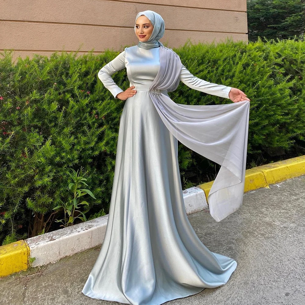 

Silver High Neck Muslin Evening Dresses for Women Full Sleeve Satin Prom Gowns with Beading 2024 Summer Robe De Soirée Zipper