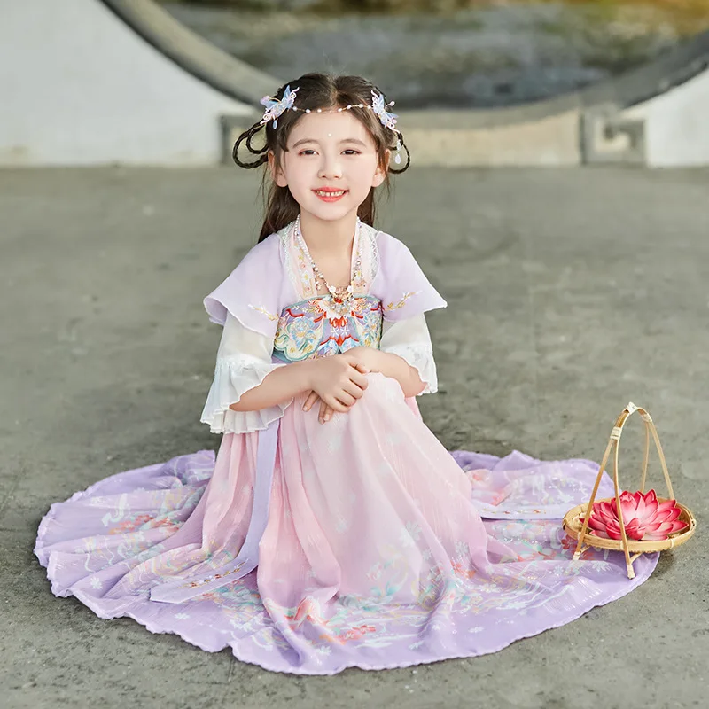 

Ancient Traditional Chinese Gilrs Vintage Hanfu Dress Kids Fairy Embroidery Stage Flok Dance Costume Retro Tang Dynasty Hanfu