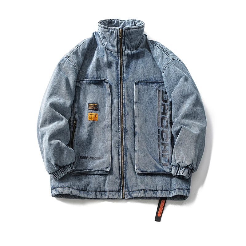 Japan Style Stand Collar Men Letters Printed Retro Denim Jacket 