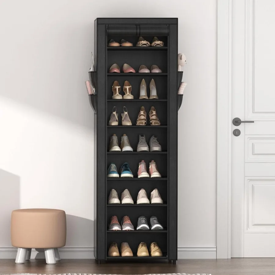 Shoe Rack with Cover Narrow Shoe Organizer with 4 Side Pockets 10 Tier Tall Shoe Storage Holds 1822 Pairs Shoes and Boots Shoe