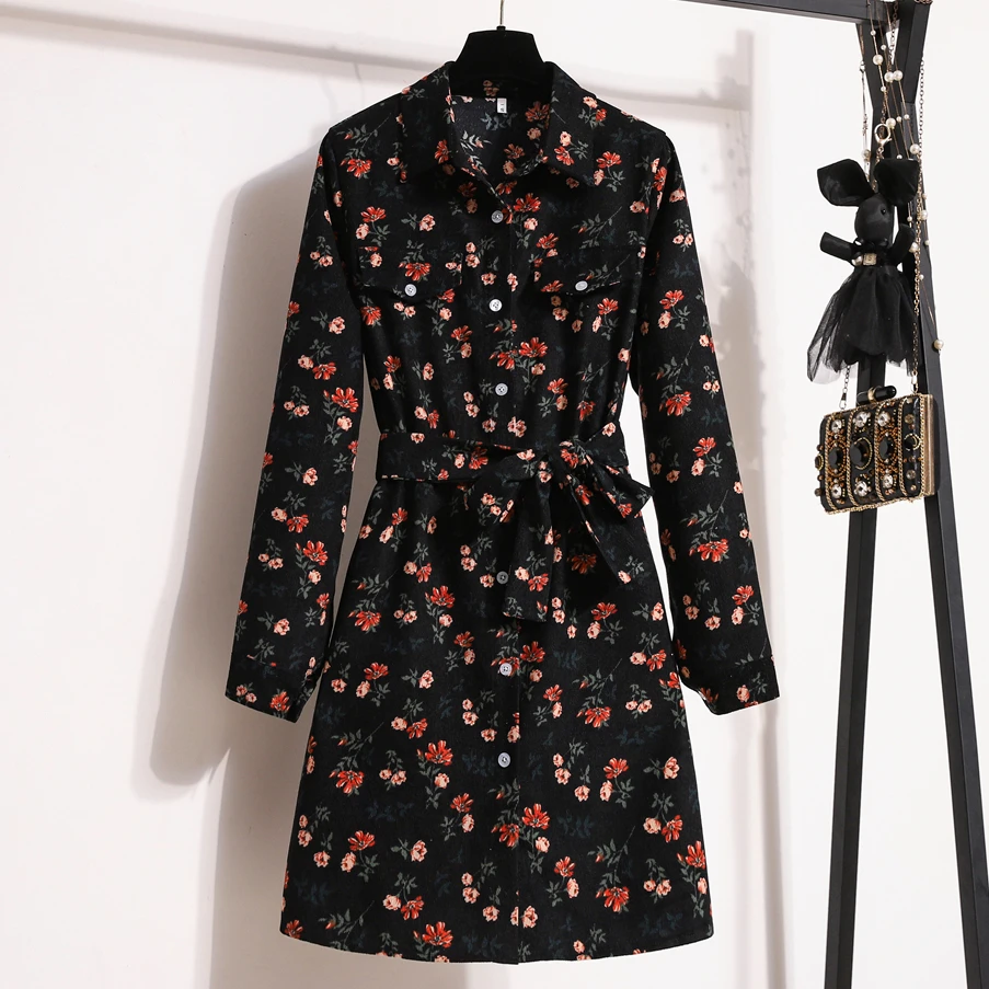 

Мусульманское вельветовое платье, Осеннее женское платье с длинным рукавом, отложным воротником, теплые темно-синие черные модные элегантные офисные платья с цветочным принтом и бантом на поясе