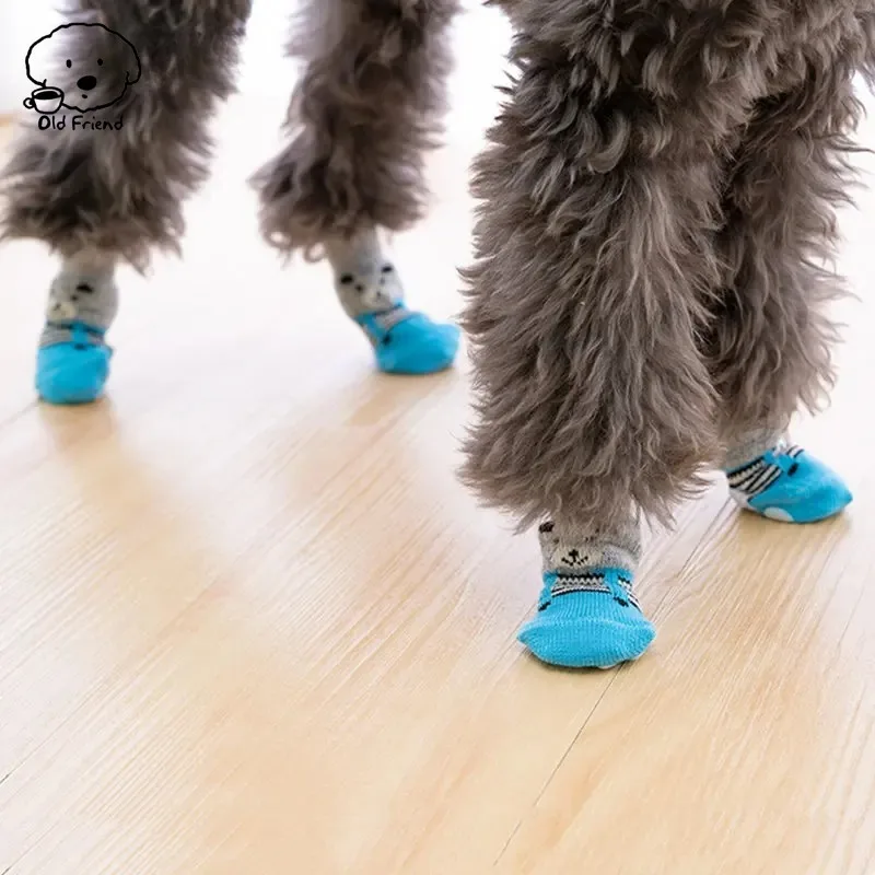 Cute Pet Dog Socks Printed Non-slip Cat and Puppy Shoes Protect PAWS Prevent Dirt Warm Pet Socks 4 Pcs/set dog socks pet shoes