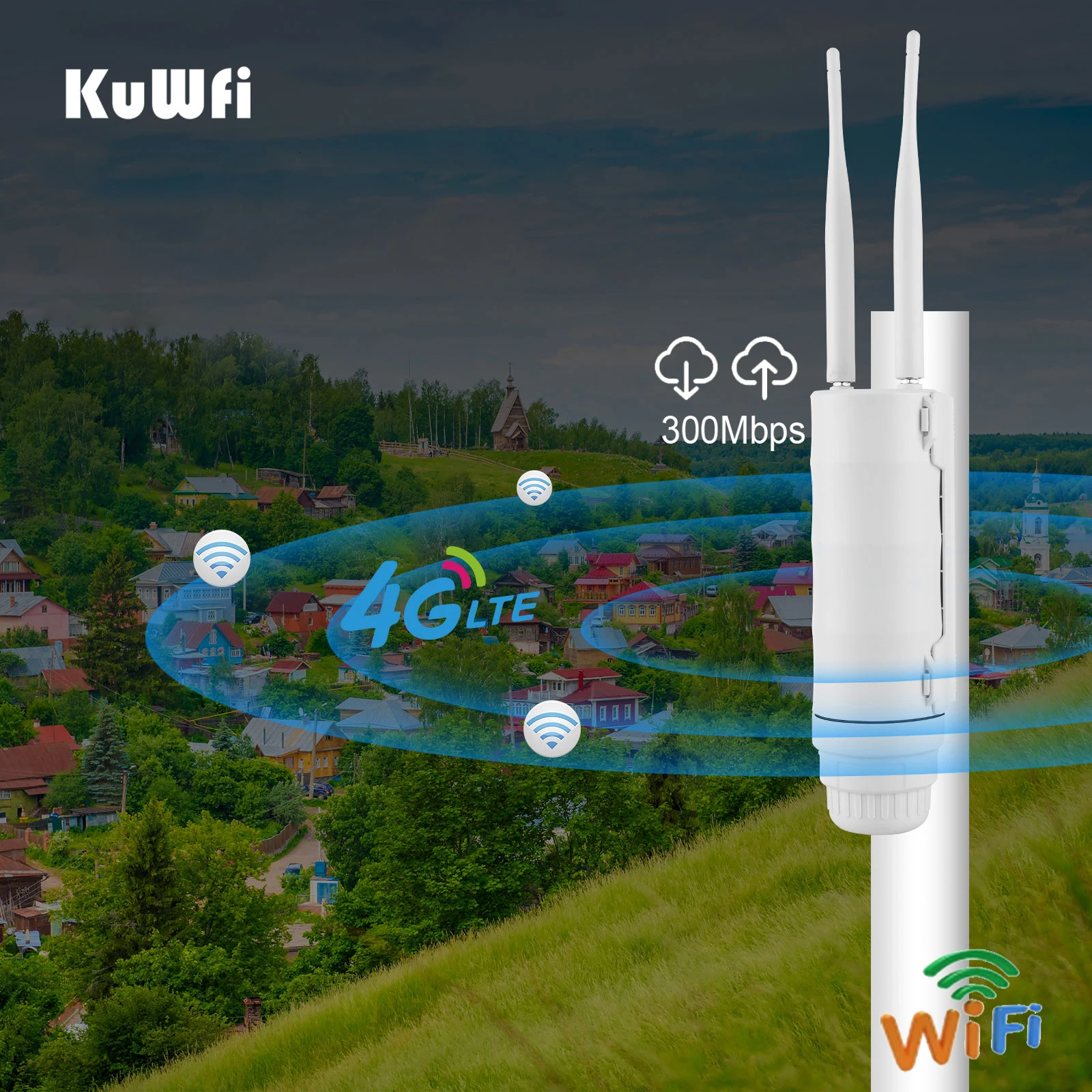 Kuwfi-impermeável ao ar Livre Wifi Roteador Extensor sem Fio ap Cartão Sim 4g Lte 300mbps Suporte 64 Usuários Câmera ip