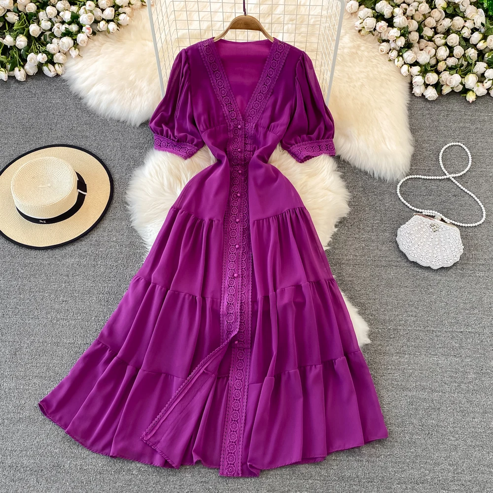 New Women Vintage Party Dress Summer Puff Sleeve Sexy V Neck Lace Single-breasted Long Dresses Ladies A Line Elegant Long Robe