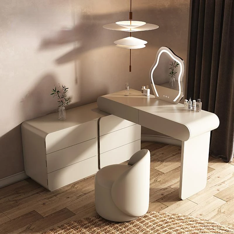 

Modern Bedroom Table Combination With LED Mirror Versatile Cabinets Large Capacity White Solid Wood Minimalist Dresssing Table