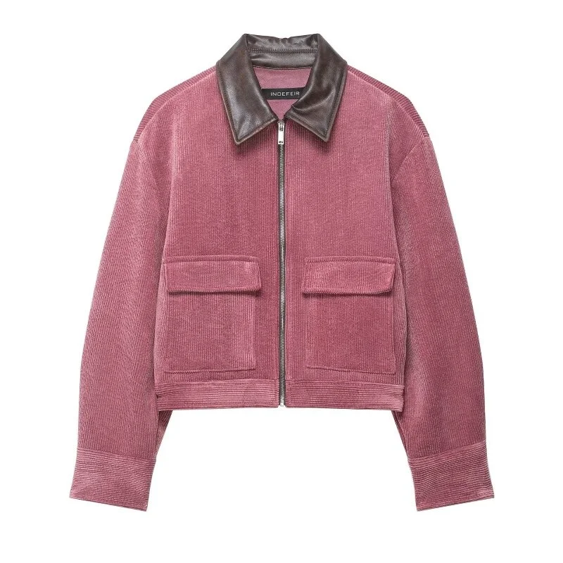Women's Spring New Corduroy Jacket, Leather Splicing Turn-Down Collar, Casual Zip-Up Coat with Pockets, Perfect for Daily