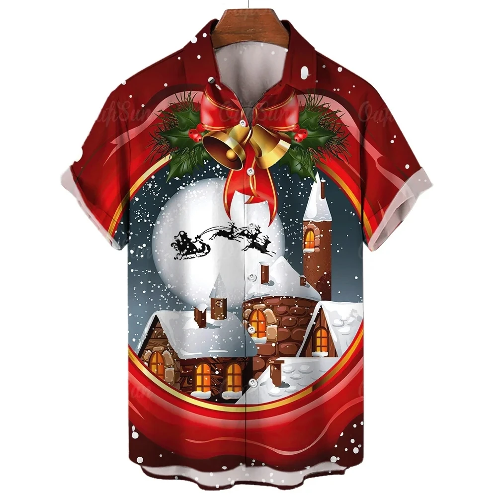 Snowman Christmas Tree Claus Santa Presents Ice Bear Mens Hawaiian Shirt 3d Print Short Sleeved Top Beach Party Clothes Loose 2