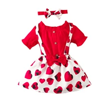 Lovely Baby Girls Skirts Set Off Shoulder Short Sleeve Buttoned Solid Color Tops Heart Suspender Skirts with Bow Knot Headband