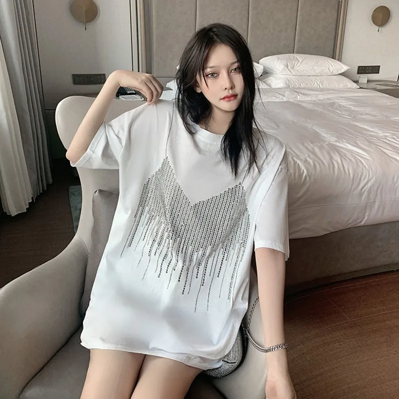 4XL Plus Size Summer Diamond Short Sleeve Loose T Shirt For Women Casual Streetwera T-shirt Lady Chic Camisole Pattern Tee Top