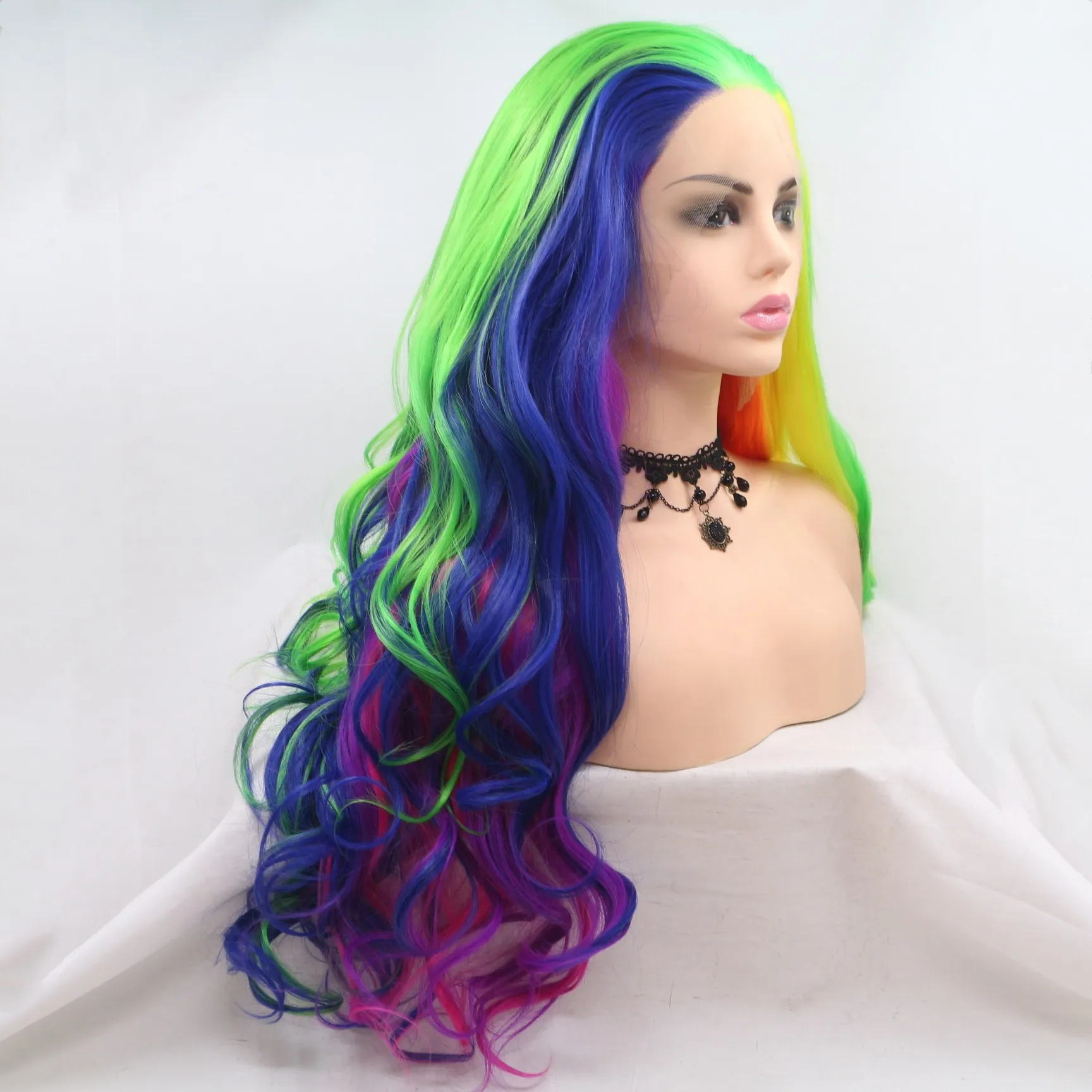 Melody Synthetic Wig Yellow to Purple Neon Green Mix Purple Pink Long Wave Lace Front Wig Natural Wavy Rainbow Hair